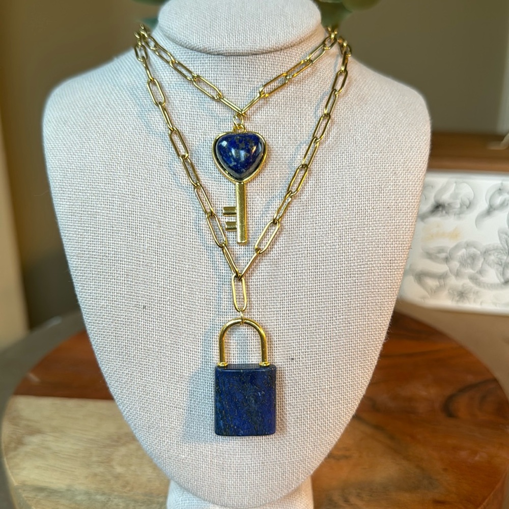 Lock & Heart Key Charms on Gold Paper Clip Necklaces - New - Picture 3 of 5